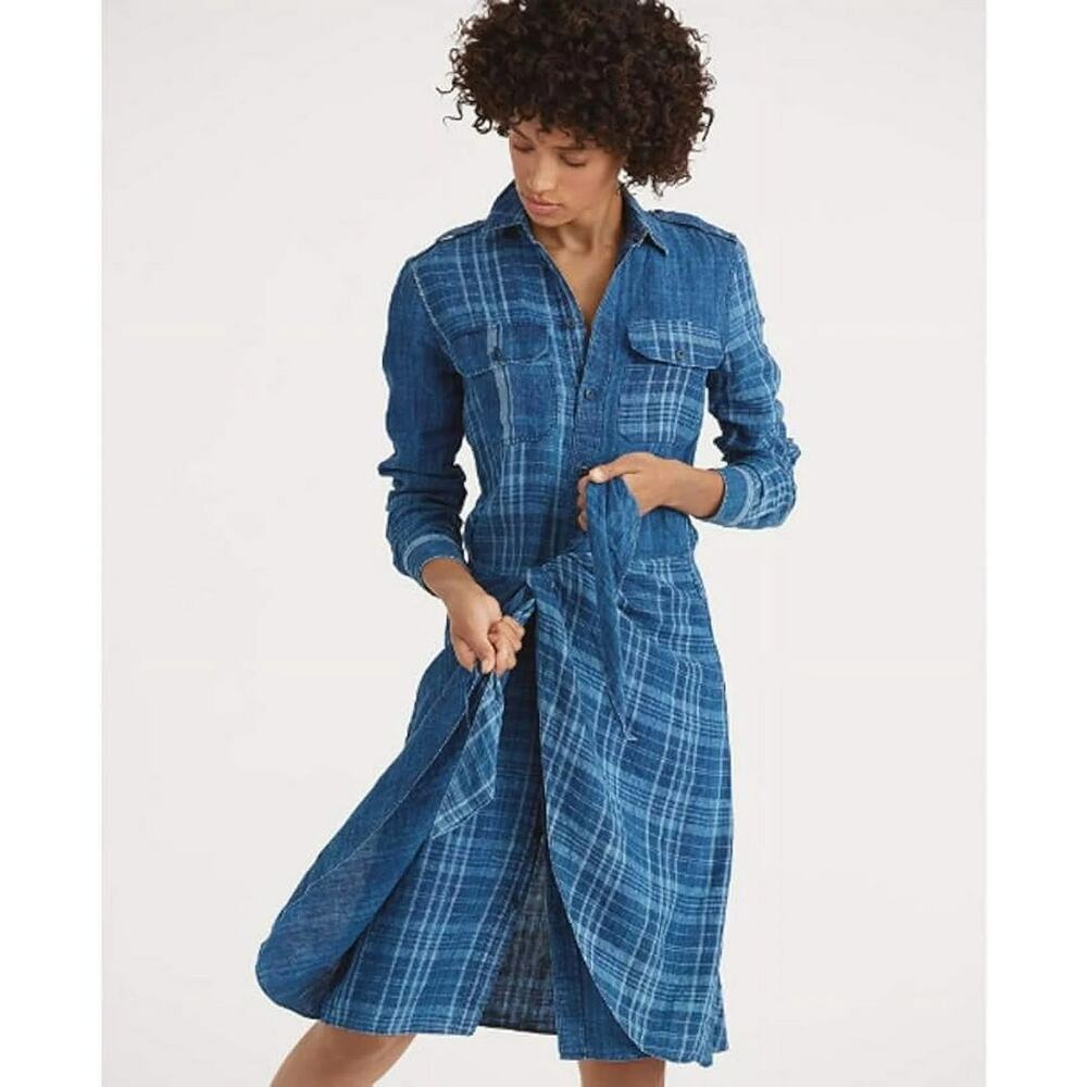 Polo Ralph Lauren Indigo Blue Plaid Linen Shirt Dress Preppy